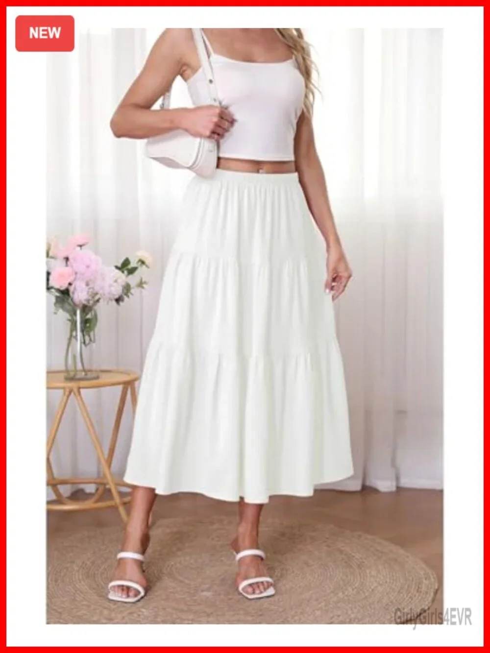 Boho A-Line Midi Skirt High Waisted Flowy Tiered Cotton Blend